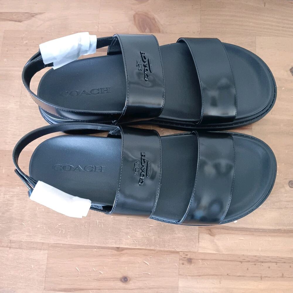Coach Lockup Two Band Sandal CAP52 Size 7.5 B - Black Leather - Gold Buckle NWB - Picture 6 of 11